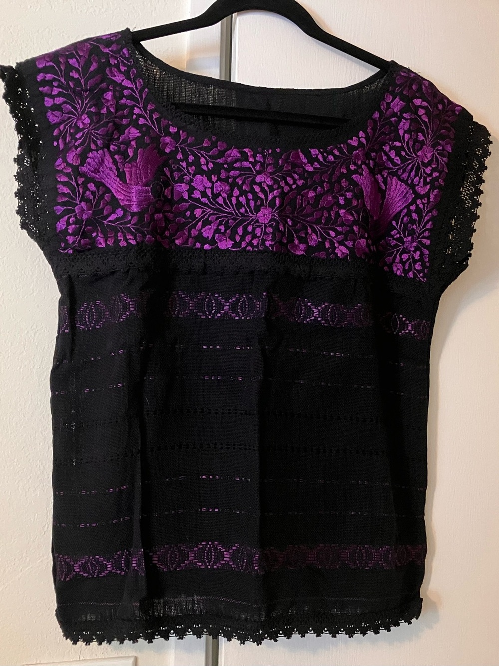 Black Blouse with Purple Floral Embroidery